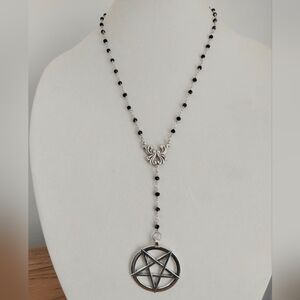 Goth Satanic inverted pentacle rosary style black & silver handmade necklace